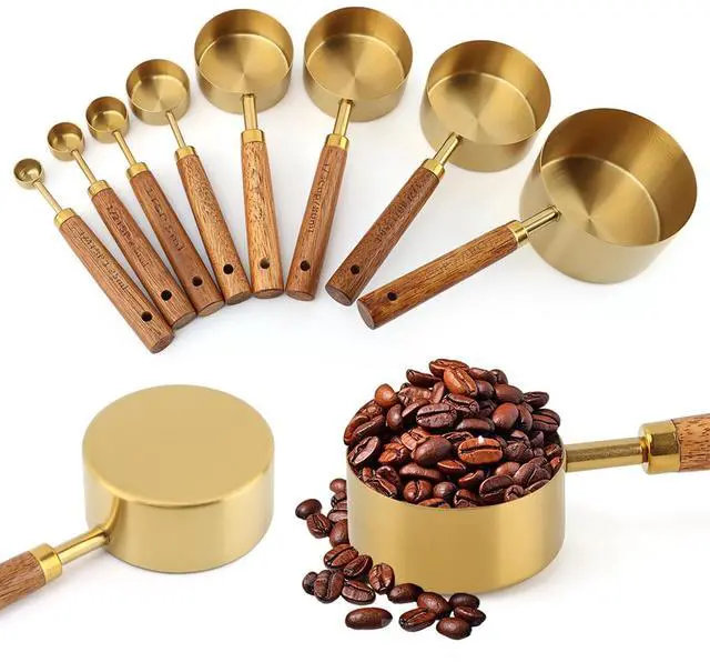Main image of Gold Measuring Cups and Spoons Set of 8, Stackable Stainless Steel Measuring Spoons and Measuring Cup Set with Wood Handles, Dry & Liquid Measuring Cups for Cooking & Baking