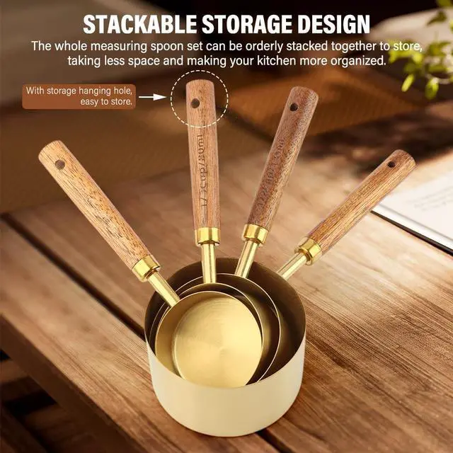 Alt view image 4 of 7 - Gold Measuring Cups and Spoons Set of 8, Stackable Stainless Steel Measuring Spoons and Measuring Cup Set with Wood Handles, Dry & Liquid Measuring Cups for Cooking & Baking