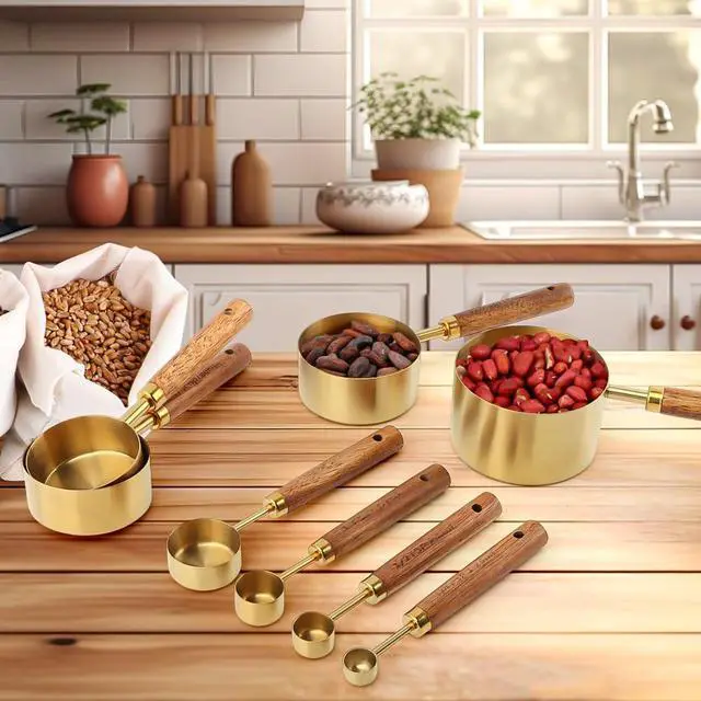 Alt view image 6 of 7 - Gold Measuring Cups and Spoons Set of 8, Stackable Stainless Steel Measuring Spoons and Measuring Cup Set with Wood Handles, Dry & Liquid Measuring Cups for Cooking & Baking