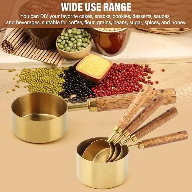 Alt view image 3 of 7 - Gold Measuring Cups and Spoons Set of 8, Stackable Stainless Steel Measuring Spoons and Measuring Cup Set with Wood Handles, Dry & Liquid Measuring Cups for Cooking & Baking