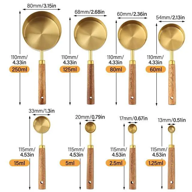 Alt view image 2 of 7 - Gold Measuring Cups and Spoons Set of 8, Stackable Stainless Steel Measuring Spoons and Measuring Cup Set with Wood Handles, Dry & Liquid Measuring Cups for Cooking & Baking