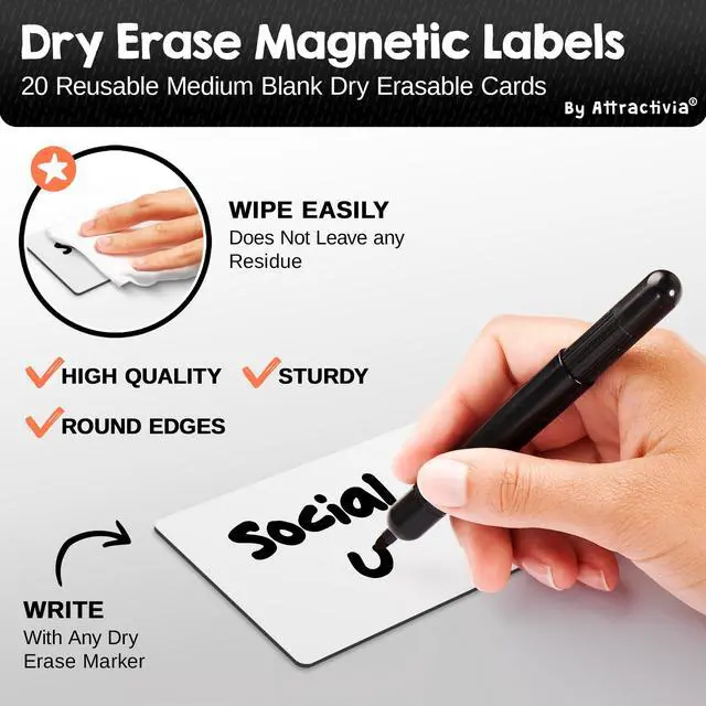Alt view image 2 of 7 - Dry Erase Magnetic Labels 3.7 x 2.8 in, Medium Dry Erase Magnets, 20-Pack, White Erasable Write-On All-Purpose Labels, for Office, Education, Home, Whiteboard