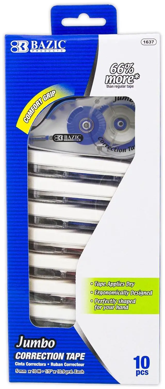 Main image of Jumbo Correction Tape, 5 mm x 394 in, 10 Count, Dry White Film, Side-Application Tape, for School Office Writing Edits