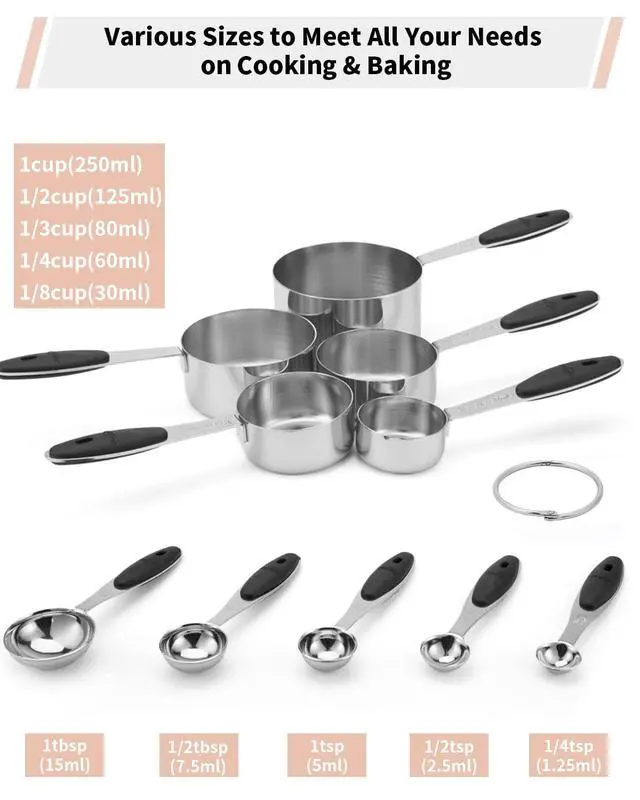 Alt view image 2 of 7 - Stainless Steel Measuring Cups and Spoons Set of 10 Piece, Nesting Metal Measuring Cups Set with Soft Touch Silicone Handles for Dry and Liquid Ingredients, Cooking & Baking (Black)