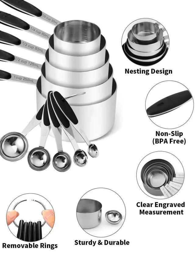 Alt view image 3 of 7 - Stainless Steel Measuring Cups and Spoons Set of 10 Piece, Nesting Metal Measuring Cups Set with Soft Touch Silicone Handles for Dry and Liquid Ingredients, Cooking & Baking (Black)