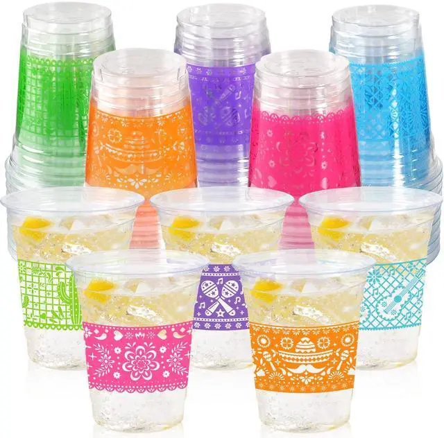 Main image of 50 Pack Fiesta Plastic Cups, Mexican Papel Picado Disposable Clear Cups with 5 Pattern Designs for Cinco de Mayo, Taco Theme Birthday Party Decorations, 12OZ