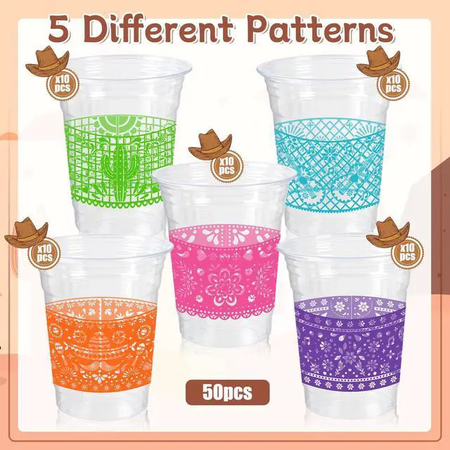 Alt view image 3 of 7 - 50 Pack Fiesta Plastic Cups, Mexican Papel Picado Disposable Clear Cups with 5 Pattern Designs for Cinco de Mayo, Taco Theme Birthday Party Decorations, 12OZ
