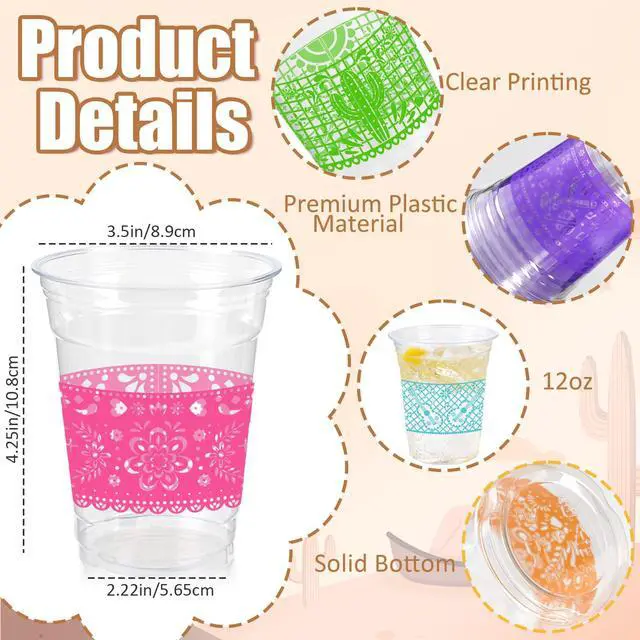 Alt view image 4 of 7 - 50 Pack Fiesta Plastic Cups, Mexican Papel Picado Disposable Clear Cups with 5 Pattern Designs for Cinco de Mayo, Taco Theme Birthday Party Decorations, 12OZ