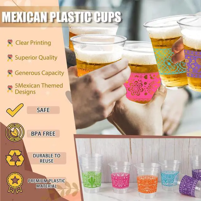 Alt view image 5 of 7 - 50 Pack Fiesta Plastic Cups, Mexican Papel Picado Disposable Clear Cups with 5 Pattern Designs for Cinco de Mayo, Taco Theme Birthday Party Decorations, 12OZ