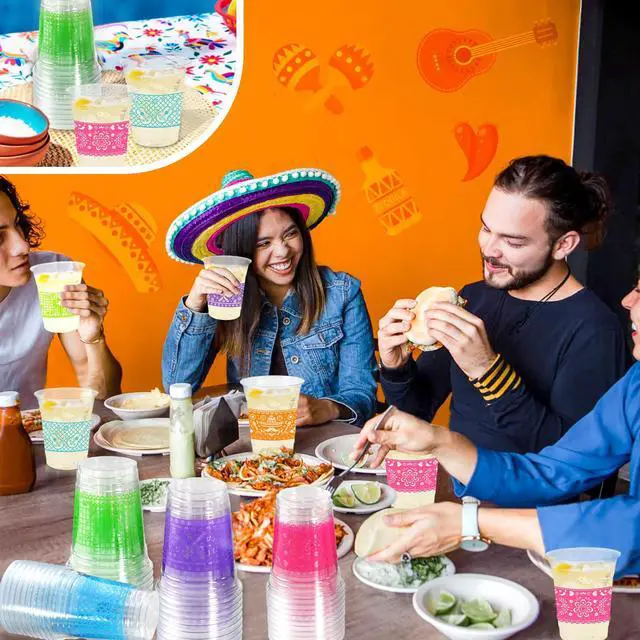 Alt view image 7 of 7 - 50 Pack Fiesta Plastic Cups, Mexican Papel Picado Disposable Clear Cups with 5 Pattern Designs for Cinco de Mayo, Taco Theme Birthday Party Decorations, 12OZ