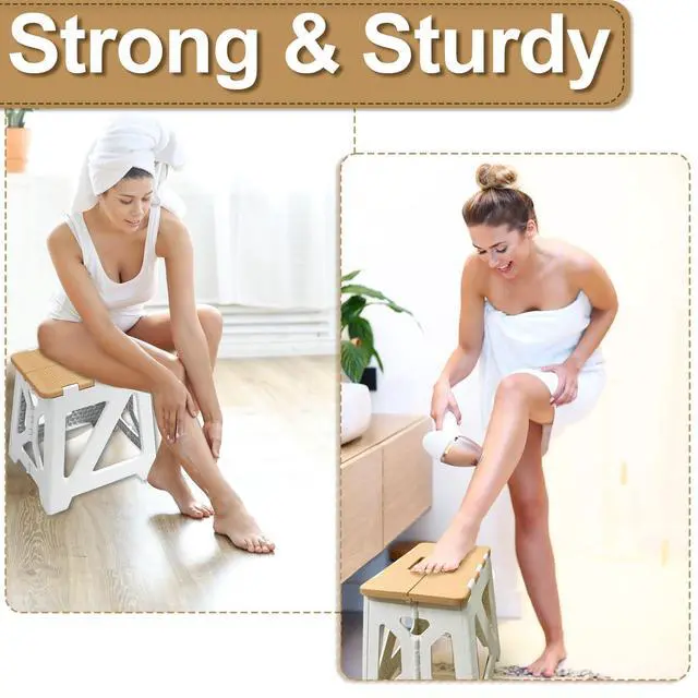Alt view image 4 of 7 - Shower Stool for Shaving Legs, 1 Pack Foot Rest Folding Stool Step to Shave Legs Shaving for Inside Shower Foldable Small Waterproof Plastic Corner Khaki White
