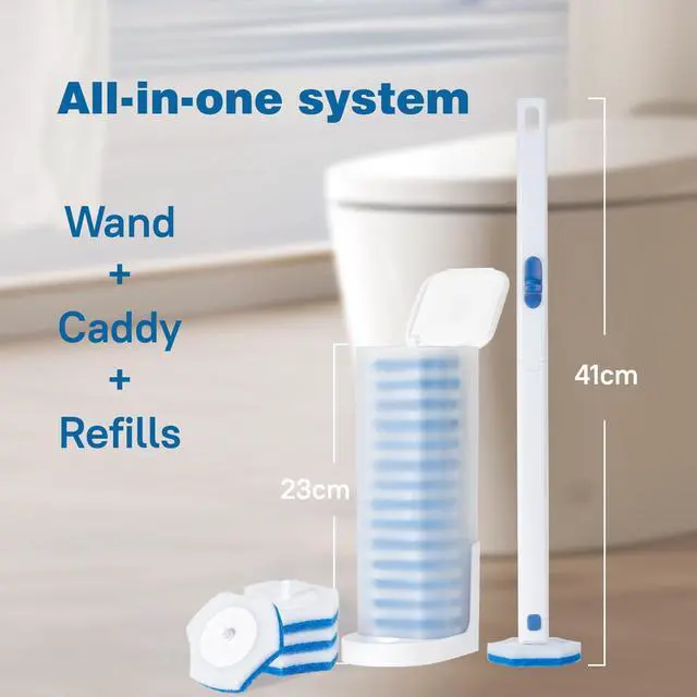 Alt view image 2 of 7 - Disposable Toilet Brush Set with Holder, White and Blue, Includes 16 Cleaning Refills (1+16 Refills)