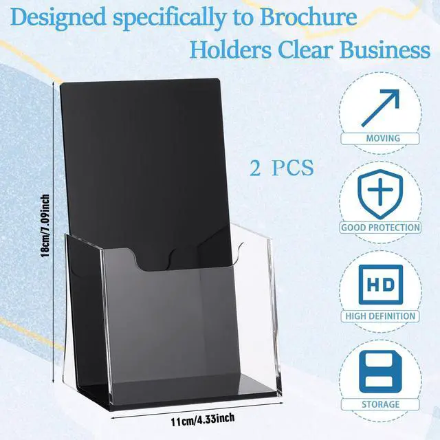 Alt view image 2 of 7 - 2 Pack 4 Inch Acrylic Brochure Holders Clear Business Cards Display Holder with Black Base, Trifold Flyer Display Stand for Pamphlets, Literature, Booklets, Magazines, for Office Countertop