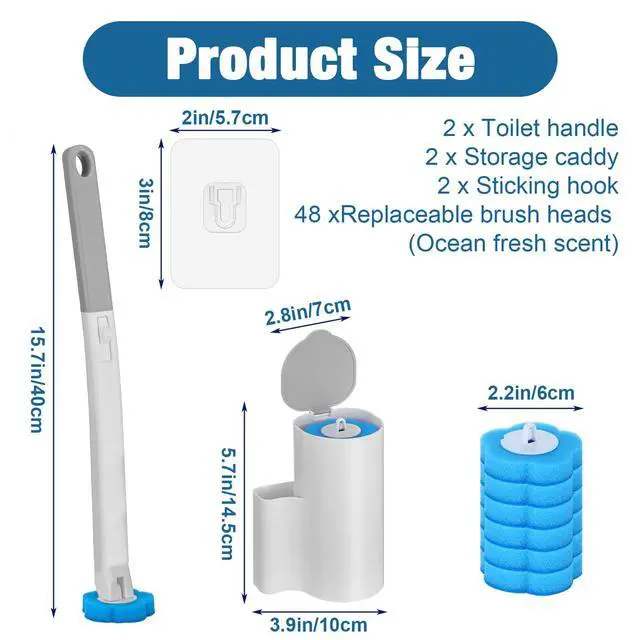 Alt view image 2 of 7 - 2 Pack Disposable Toilet Brush with 48 Refills, Toilet Bowl Cleaner Toilet Brush and Holder Set for Bowl Cleaners Bathroom Cleaning Bathtub
