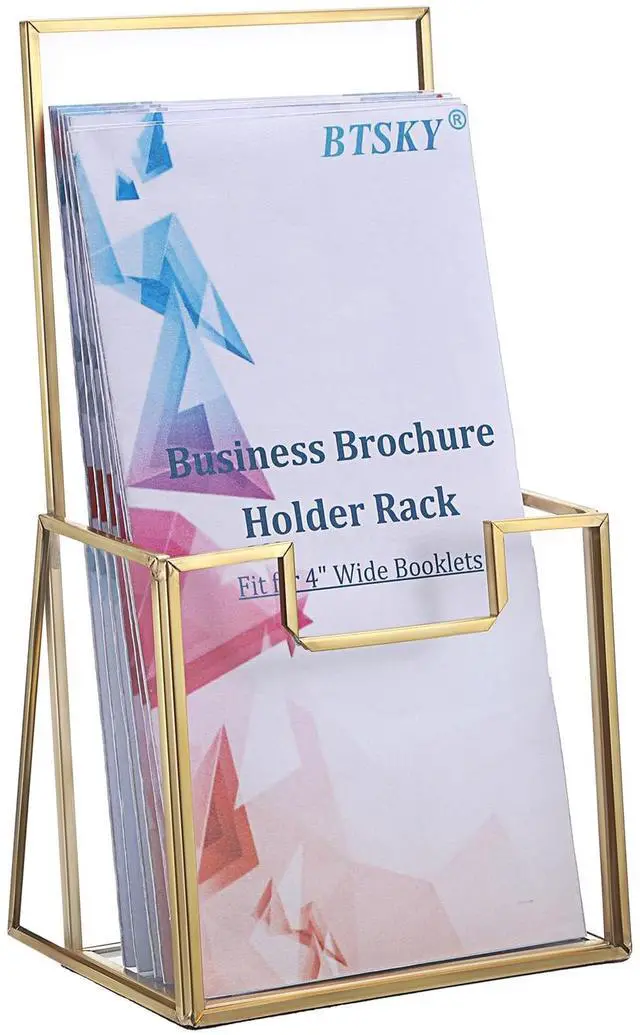 Main image of Golden Glass Brochure Holder for 4" Wide Trifold Handouts, Countertop Literature Holder Display Stand, Trifold Pamphlet Holders, Clear Elegant Flyer Display Stand for Magazine, Booklets, Menu