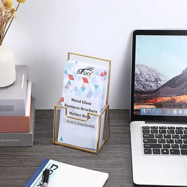 Alt view image 2 of 7 - Golden Glass Brochure Holder for 4" Wide Trifold Handouts, Countertop Literature Holder Display Stand, Trifold Pamphlet Holders, Clear Elegant Flyer Display Stand for Magazine, Booklets, Menu