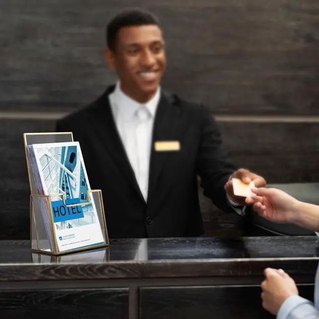 Alt view image 5 of 7 - Golden Glass Brochure Holder for 4" Wide Trifold Handouts, Countertop Literature Holder Display Stand, Trifold Pamphlet Holders, Clear Elegant Flyer Display Stand for Magazine, Booklets, Menu