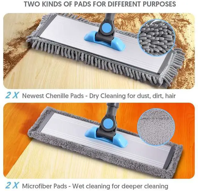 Alt view image 2 of 7 - Microfiber Dust Mop for Hardwood Floors - Dry Floor Cleaning for Wood, Tile, Vinyl, Laminate - Wet Flat Mop With 4 Washable Reusable Pads and Aluminum Head