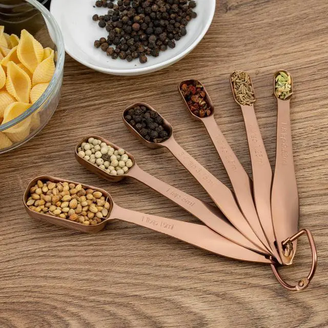 Alt view image 5 of 7 - Accurate 18/8 Stainless Steel Measuring Spoons, Heavy Duty Good Handle Set of 6 Measuring Spoon with Ring Connector, Rose Gold