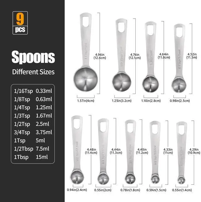 Alt view image 2 of 7 - Measuring Spoons Set of 9-18/8 Stainless Steel Heavy Duty Teaspoons Tablespoons with Engraved Metric & US Measurements, Metal Measure Spoon for Dry and Liquid Ingredients, Dishwasher Safe