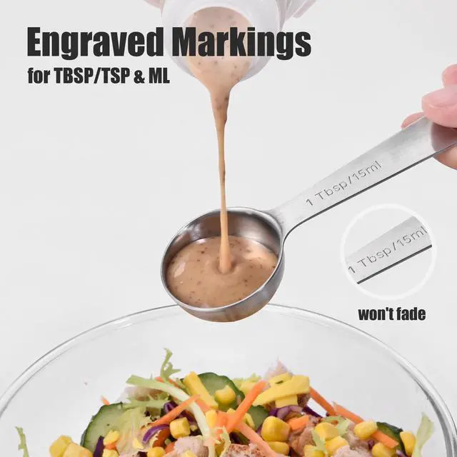 Alt view image 4 of 7 - Measuring Spoons Set of 9-18/8 Stainless Steel Heavy Duty Teaspoons Tablespoons with Engraved Metric & US Measurements, Metal Measure Spoon for Dry and Liquid Ingredients, Dishwasher Safe