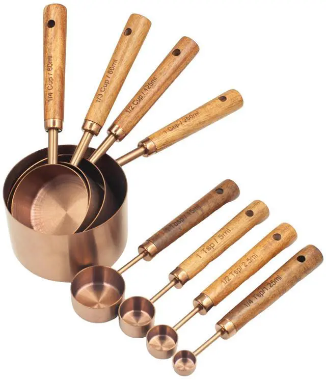 Main image of Measuring Cups and Spoons Set of 8, Stainless Steel Measuring Cup with Wooden Handle, Kitchen/Food/Liquid/Baking (Copper)