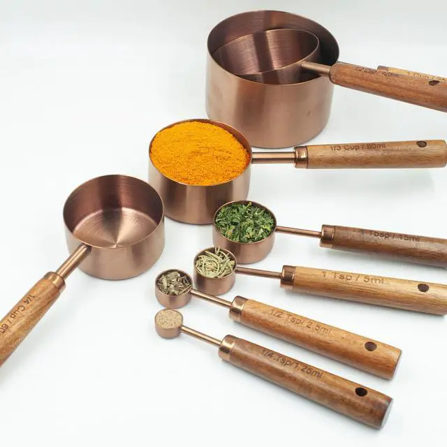 Alt view image 2 of 7 - Measuring Cups and Spoons Set of 8, Stainless Steel Measuring Cup with Wooden Handle, Kitchen/Food/Liquid/Baking (Copper)