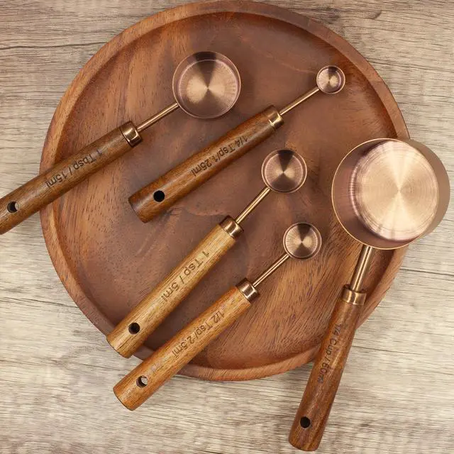 Alt view image 4 of 7 - Measuring Cups and Spoons Set of 8, Stainless Steel Measuring Cup with Wooden Handle, Kitchen/Food/Liquid/Baking (Copper)