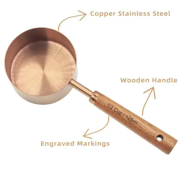 Alt view image 5 of 7 - Measuring Cups and Spoons Set of 8, Stainless Steel Measuring Cup with Wooden Handle, Kitchen/Food/Liquid/Baking (Copper)