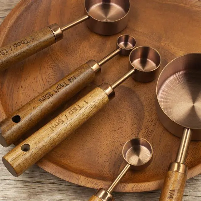 Alt view image 7 of 7 - Measuring Cups and Spoons Set of 8, Stainless Steel Measuring Cup with Wooden Handle, Kitchen/Food/Liquid/Baking (Copper)