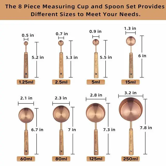Alt view image 6 of 7 - Measuring Cups and Spoons Set of 8, Stainless Steel Measuring Cup with Wooden Handle, Kitchen/Food/Liquid/Baking (Copper)