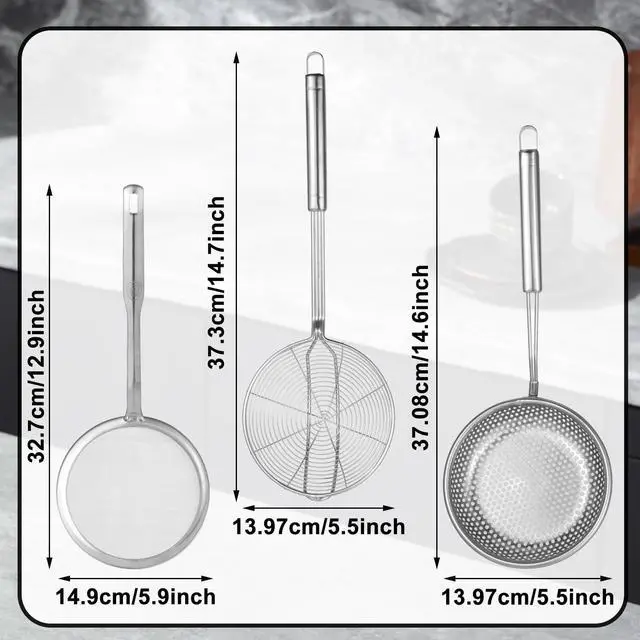Alt view image 3 of 7 - Spider Strainer & Skimmer Spoon Set, 3-Piece Stainless Steel Ladle Metal Wire Sieve Large Holes Slotted Colander Fryer Scoop Fine Mesh Strainers with Long Handle, Food Sifter for Kitchen Cooking