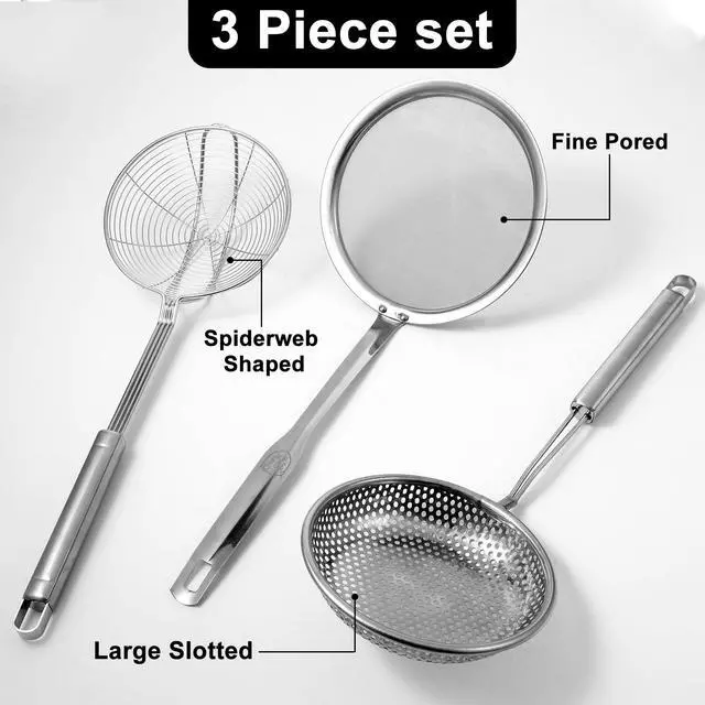 Alt view image 2 of 7 - Spider Strainer & Skimmer Spoon Set, 3-Piece Stainless Steel Ladle Metal Wire Sieve Large Holes Slotted Colander Fryer Scoop Fine Mesh Strainers with Long Handle, Food Sifter for Kitchen Cooking