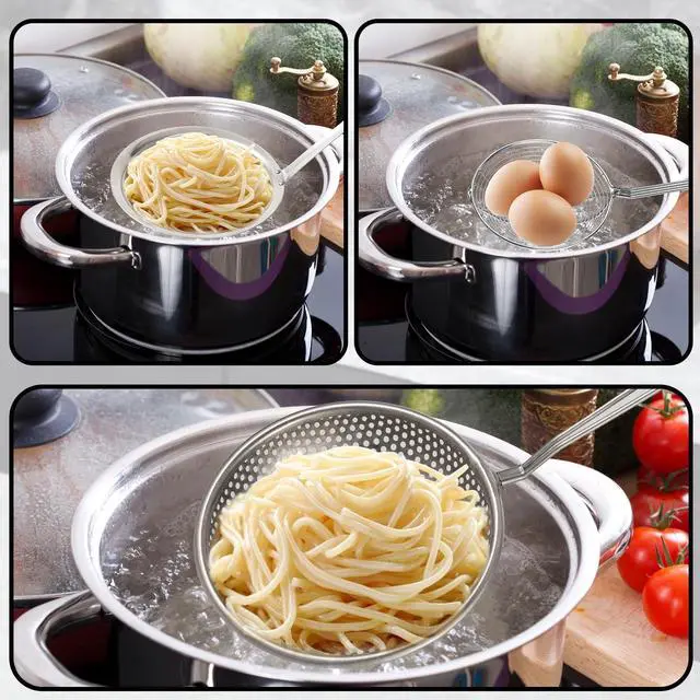 Alt view image 5 of 7 - Spider Strainer & Skimmer Spoon Set, 3-Piece Stainless Steel Ladle Metal Wire Sieve Large Holes Slotted Colander Fryer Scoop Fine Mesh Strainers with Long Handle, Food Sifter for Kitchen Cooking