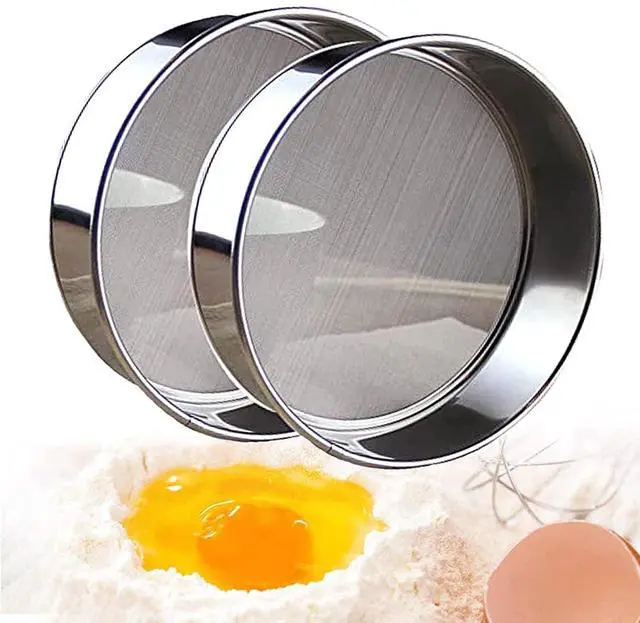 Main image of 2 pack (60/40 Mesh) Professional 6/8/9.5 Inch, Round Flour Sifter for Baking - Flour Sieve Fine Mesh - Premium Rustproof Stainless Steel (9.5" (24 CM))