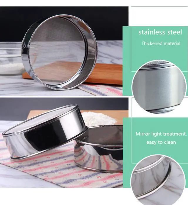 Alt view image 3 of 7 - 2 pack (60/40 Mesh) Professional 6/8/9.5 Inch, Round Flour Sifter for Baking - Flour Sieve Fine Mesh - Premium Rustproof Stainless Steel (9.5" (24 CM))