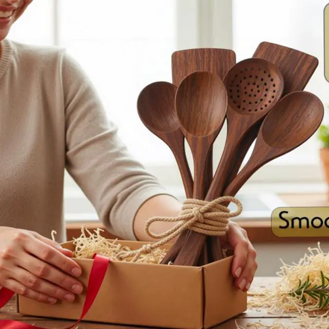 Alt view image 2 of 5 - Premium Wooden Utensil Set - 6 Piece wooden Spoons for Cooking - Heat-Resistant Safe Wood Spatula - Non-Stick & Light Weight Wood Spatula for cooking - Non-Stick Kitchen Spoons with smooth Handles