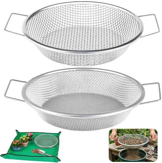 Main image of 2PCS Soil Sifter for Gardening with Handle,Stainless Steel Rock Compost Soil Sifter for 5 Gallon Bucket,1/4in,1/8in Mesh Garden Sifting Screen Gravel Sawdust Vermicompost with Repotting Mat