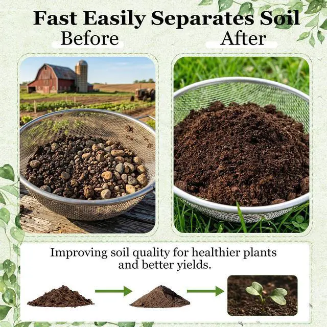 Alt view image 4 of 7 - 2PCS Soil Sifter for Gardening with Handle,Stainless Steel Rock Compost Soil Sifter for 5 Gallon Bucket,1/4in,1/8in Mesh Garden Sifting Screen Gravel Sawdust Vermicompost with Repotting Mat