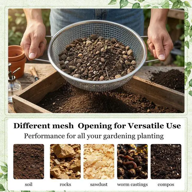 Alt view image 5 of 7 - 2PCS Soil Sifter for Gardening with Handle,Stainless Steel Rock Compost Soil Sifter for 5 Gallon Bucket,1/4in,1/8in Mesh Garden Sifting Screen Gravel Sawdust Vermicompost with Repotting Mat
