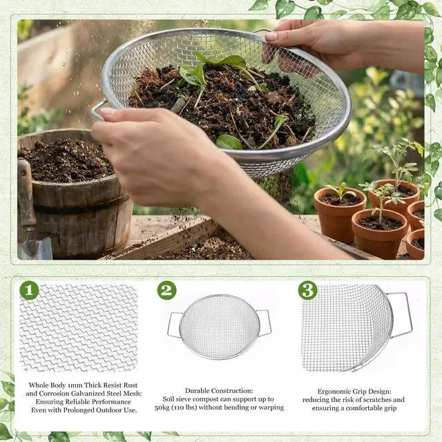 Alt view image 6 of 7 - 2PCS Soil Sifter for Gardening with Handle,Stainless Steel Rock Compost Soil Sifter for 5 Gallon Bucket,1/4in,1/8in Mesh Garden Sifting Screen Gravel Sawdust Vermicompost with Repotting Mat