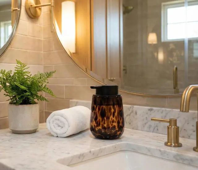 Alt view image 2 of 7 - Marble Glass Liquid Soap/Lotion/Hand Sanitizer Pump Dispenser, Refillable for Kitchen and Bathroom Countertop (Amber)
