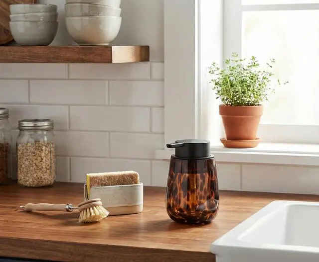 Alt view image 7 of 7 - Marble Glass Liquid Soap/Lotion/Hand Sanitizer Pump Dispenser, Refillable for Kitchen and Bathroom Countertop (Amber)