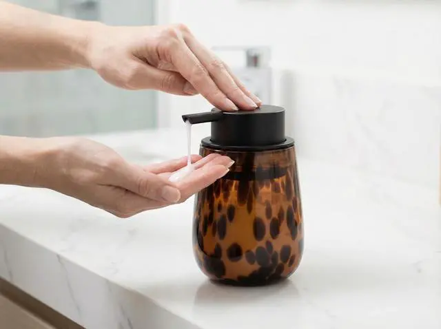 Alt view image 6 of 7 - Marble Glass Liquid Soap/Lotion/Hand Sanitizer Pump Dispenser, Refillable for Kitchen and Bathroom Countertop (Amber)