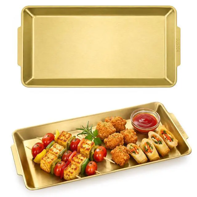 Alt view image 3 of 7 - 3 Pack 304 Stainless Steel Serving Platters, 12.6" Rectangle Metal Dinner Plates with Handles, Decorative Organizer Trays for BBQ, Dining, Party, Buffet, Appetizer Serving(Gold)