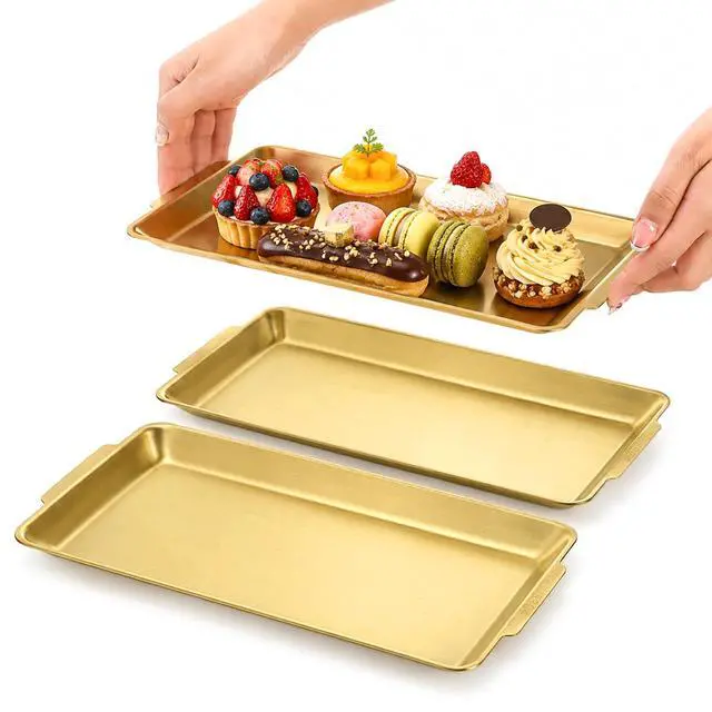 Alt view image 4 of 7 - 3 Pack 304 Stainless Steel Serving Platters, 12.6" Rectangle Metal Dinner Plates with Handles, Decorative Organizer Trays for BBQ, Dining, Party, Buffet, Appetizer Serving(Gold)
