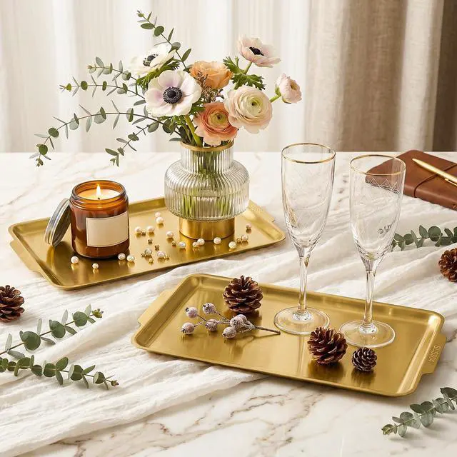 Alt view image 5 of 7 - 3 Pack 304 Stainless Steel Serving Platters, 12.6" Rectangle Metal Dinner Plates with Handles, Decorative Organizer Trays for BBQ, Dining, Party, Buffet, Appetizer Serving(Gold)