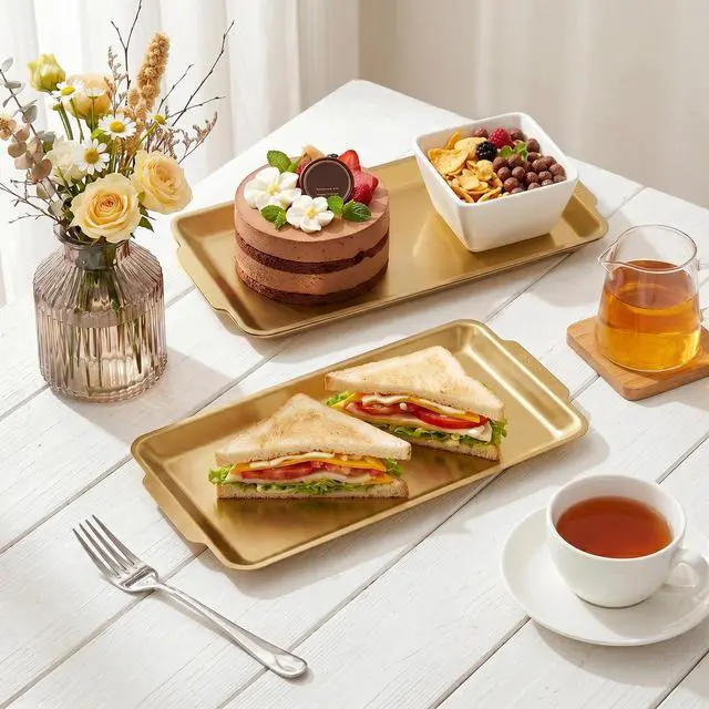 Alt view image 6 of 7 - 3 Pack 304 Stainless Steel Serving Platters, 12.6" Rectangle Metal Dinner Plates with Handles, Decorative Organizer Trays for BBQ, Dining, Party, Buffet, Appetizer Serving(Gold)