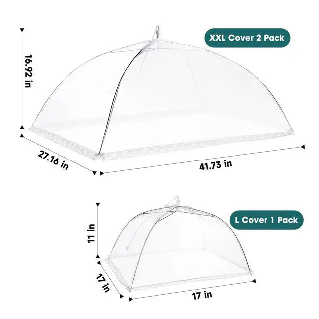 Alt view image 2 of 7 - 2 Pack Extra Large Food Tents SPANLA 41"X27" Pop-Up Mesh Food Covers for Outdoors with 1 Standard (17"X17") Food Cover, Reusable and Collapsible Food Nets Outside BBQ Party Supplies