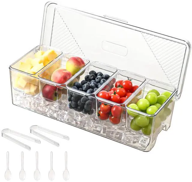 Main image of Large Chilled Condiment Caddy,Stackable Chilled Condiment Containers Server with Lids for 5 Removable Compartments (5 Containers, 1 pack)